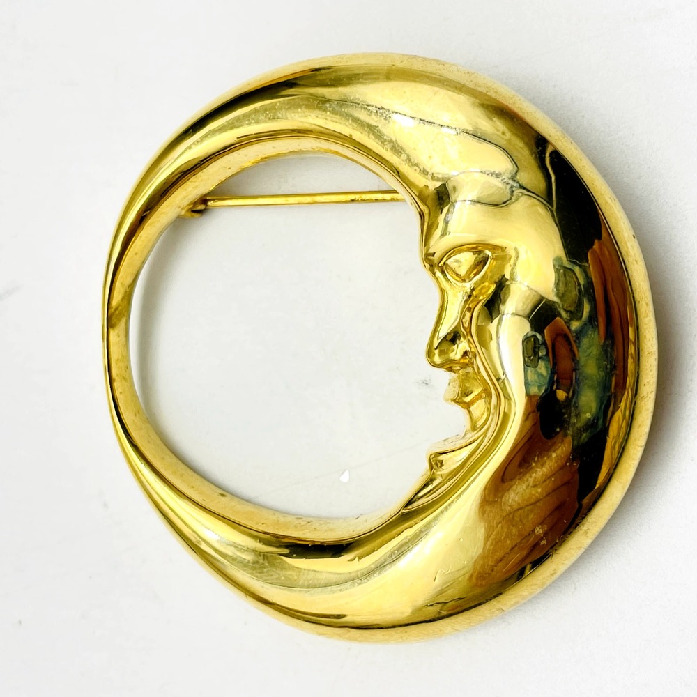 Vintage Gold Tone Crescent Moon Face Brooch Celestial Figural Costume Jewelry